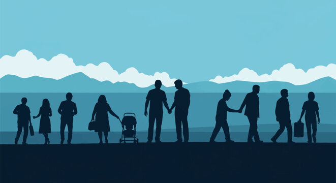 Blue vector illustration showing silhouettes of diverse people including a woman with a baby stroller, travelers with luggage, and couples holding hands near water and mountains.