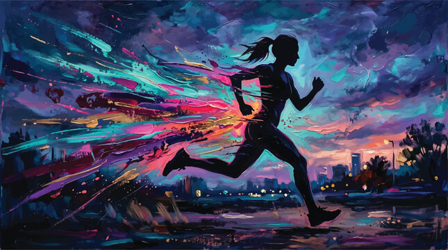 Woman's silhouette runs energetically with a vibrant, abstract light trail, symbolizing speed and determination against a dark, stylized urban landscape at twilight.
