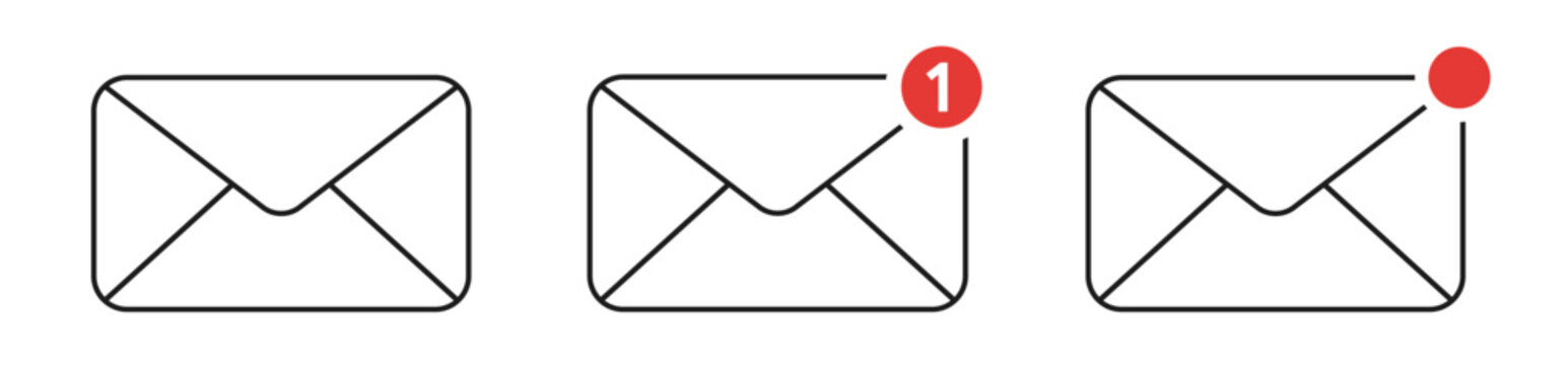 Email notification line icon set with mail envelope, unread badge and alert indicators for app interface and web UI
