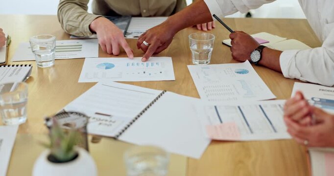 Hands, team or business people with paperwork for discussion, sales revenue or performance data. Meeting, group or planning with document, graphs or investment review for growth strategy in office