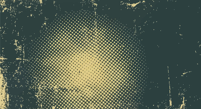 Dark teal and cream distressed halftone dot pattern background featuring a central gradient effect with heavy weathered grunge texture, scratches, and worn industrial surface.