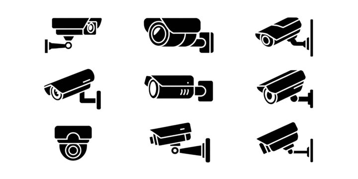 A set of black and white security camera icons on transparent background
