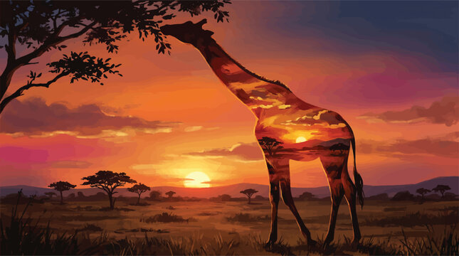 A composite image features a giraffe silhouetted against an African savanna sunset with the sky visible within its form.