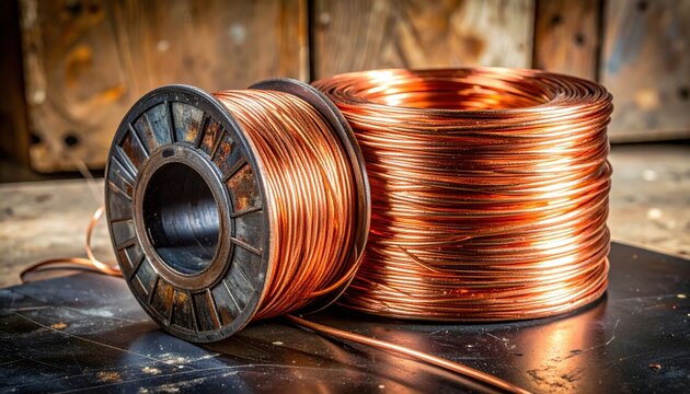 Intricate copper wiring tightly coiled on a vintage industrial spool and bundled alongside it, beautifully revealing its reflective polished sections and naturally oxidized areas.
