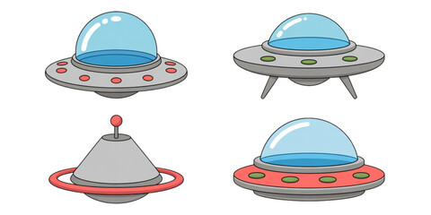 A set of four colorful UFO spaceship icons on transparent background © FARUK