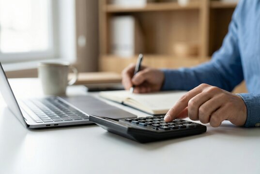 Businessman calculating taxes and reviewing financial documents at office desk