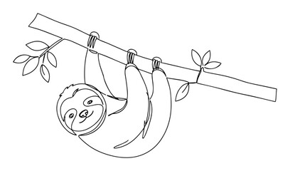 Fototapeta premium sloth hanging on branch line drawing