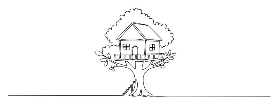 treehouse line drawing in cartoon style
