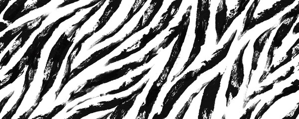 Seamless pattern with black and white zebra stripes painted with a dry brush. Horizontal background with hand drawn animal skin texture © Morena