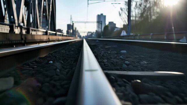 Journey on Rails: An eye-level perspective captures the unwavering trajectory of railroad tracks, leading the viewer into the heart of urban transportation.