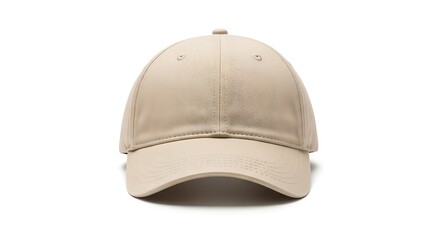Fototapeta premium Plain beige baseball cap with curved brim and stitched paneling isolated on a clean white studio background showcasing versatile headwear for casual outdoor activities sports