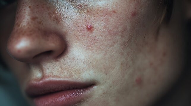 A close-up of a person's face with acne and pimples on their skin