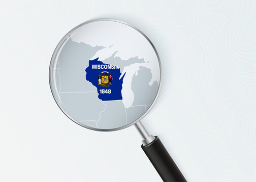 Wisconsin Map Under Magnifying Glass with National Flag Overlay.