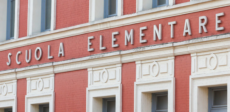 Facade of an Italian primary school building with the inscription &ldquo;Scuola Elementare&rdquo; in Pietrelcina, Benevento province, Campania, southern Italy.
