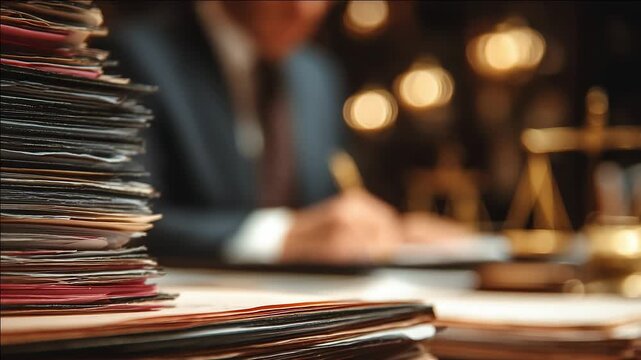 Stack of documents in focus with a blurred lawyer writing at a desk in the background. Legal paperwork, office work, justice, law firm, legal services, and administration concept