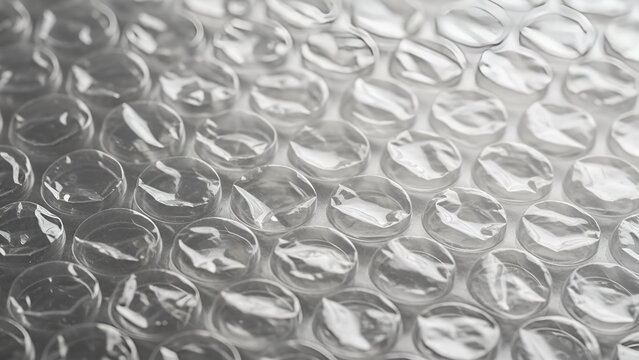 Close-up view of numerous small, shiny, transparent plastic bubbles on a protective packaging material