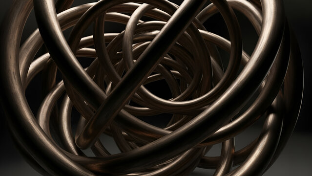 Intricate bronze sculpture of interconnected rings and tubes forming a complex, abstract structure with a smooth, metallic finish and subtle lighting effects.