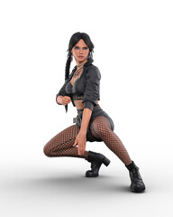 Young attractive urban fantasy woman crouching in fighting pose. Isolated 3D render suitable for book cover art.