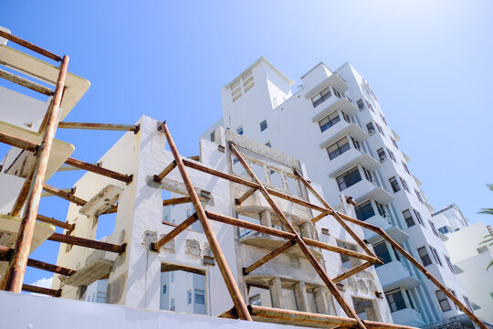A building in the Art Deco area of Miami under contruction, the exterior is being saved to maintain its historic character.