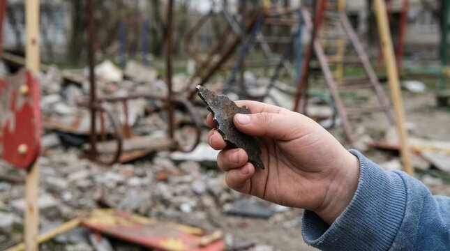 Hand Holding Sharp Piece of Metal Rubble Shrapnel