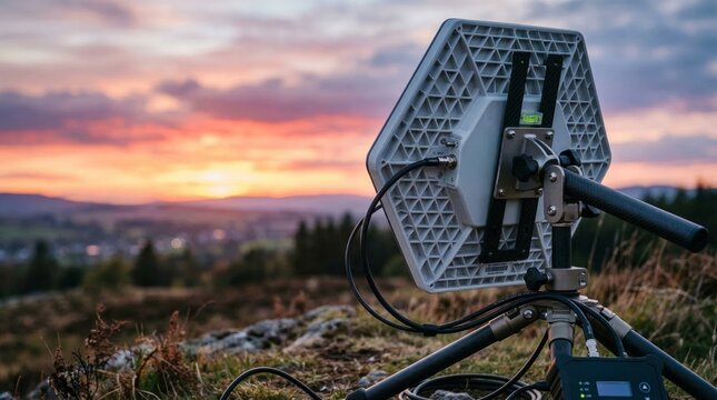 Satellite Communication Dish in a Field at Sunset