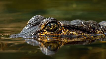 Fototapeta premium Alligator Eye Close Up. Realistic close-up photo of an alligator eye partially above water, detailed reptile scales and reflective yellow iris visible, natural river or swamp environment, sunlight ref