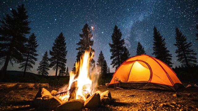 Night camping scene with campfire and starry sky, orange tent, pine trees, wilderness adventure.
