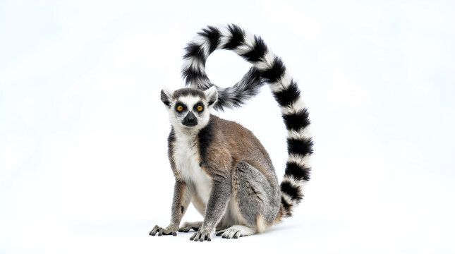 Ring-tailed Lemur Lemur Catta with Iconic Striped Tail on White