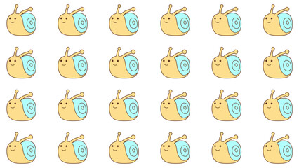 Seamless cute cartoon snail pattern. Pastel yellow and blue kawaii animal vector background. Smiling baby snail repeating motif. Childish nursery wallpaper or wrapping paper texture. © Nurr2001