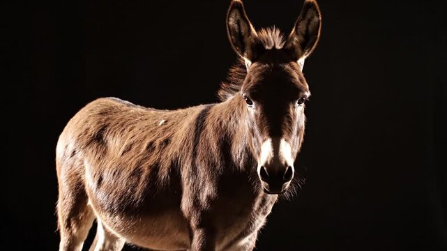 A brown donkey with large ears and a white blaze on its face stands against a black background