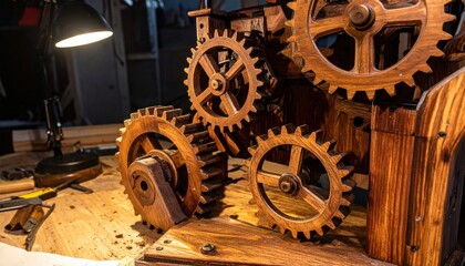 Fototapeta premium Close-up of intricate wooden gears and various mechanical components comprising a vintage-inspired machine, showcasing detailed craftsmanship and complex engineering.