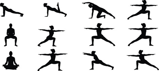 Black silhouette collection of a woman performing various yoga poses and fitness exercises like plank, warrior, and meditation isolated on a clean white background.