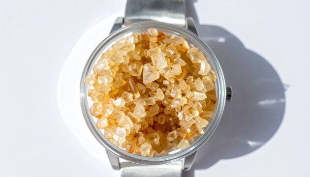 Pristine sample of pure crystalline iodine gleaming with metallic luster, elegantly displayed within a classic wristwatch face.