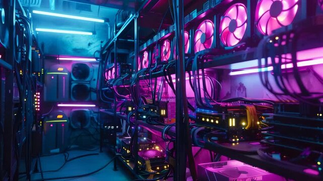 Cryptocurrency mining farm with glowing gpu rigs