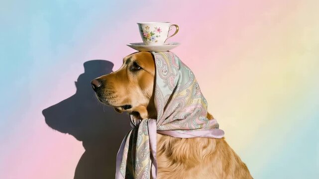 Surreal portrait of a golden retriever dog wearing a patterned scarf with a delicate floral teacup
