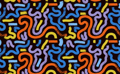 Hand draw seamless pattern grunge featuring intertwining curvy brush stroke lines. Seamless in varying shades of blue, yellow and beige creating a dynamic and modern, art abstract. Vector art pattern.