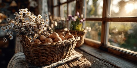 Easter wicker basket with speckled eggs and white flowers on sunny windowsill