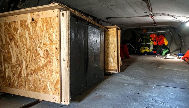 A crudely constructed makeshift radiation shielding structure, built from rough lead-lined plywood sheets, stands in a utilitarian interior with a concrete floor and ceiling.