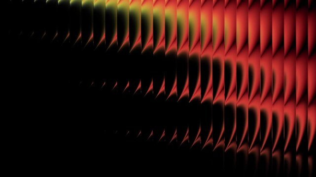 Abstract red orange neon gradient waves, glowing light streaks on dark background, vibrant spectrum motion, futuristic ribbed distortion pattern, glossy fluid energy, dynamic technology design
