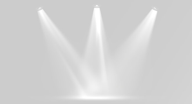 Three stage spotlights beams white glowing light cinematic theater illumination and studio performance show background overlay spotlight png