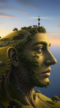 Surreal Human Face Cliff with Lighthouse Revealed at Sunset