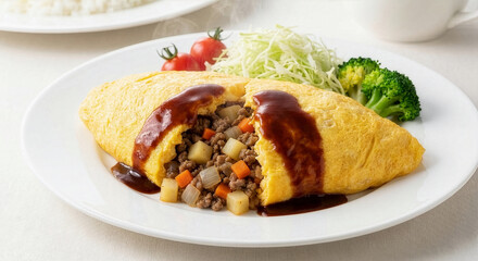 湯気立つ熱々！ひき肉と彩り野菜がたっぷり入ったオムレツ