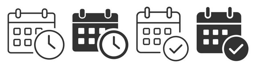 calendar icon with clock and check mark icons in outline and filled style on transparent background © Pavlo