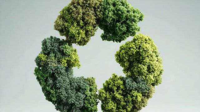 Recycle symbol made of lush green foliage on a light background. Eco-friendly concept, environmental protection, sustainability, recycling, green energy, nature conservation, and zero waste