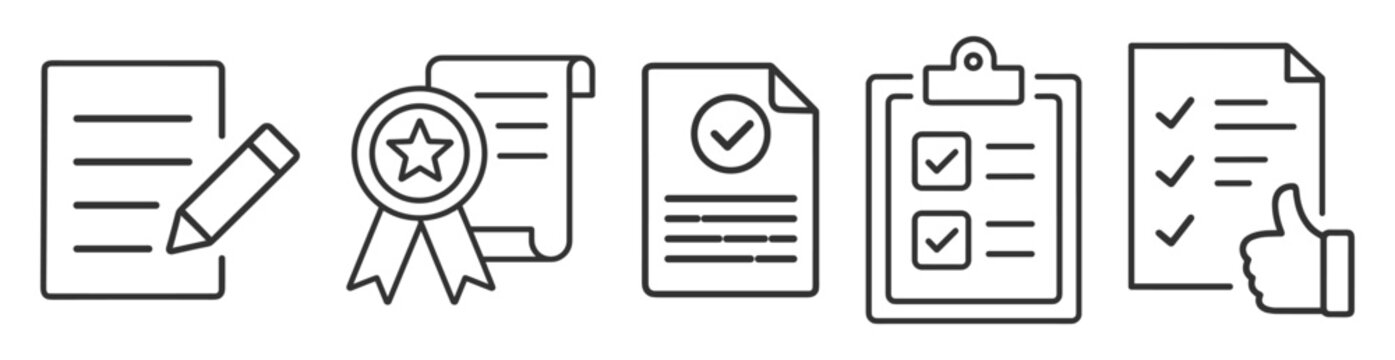 document with checklist, certificate icon, approval symbol, contract and report icons on transparent background