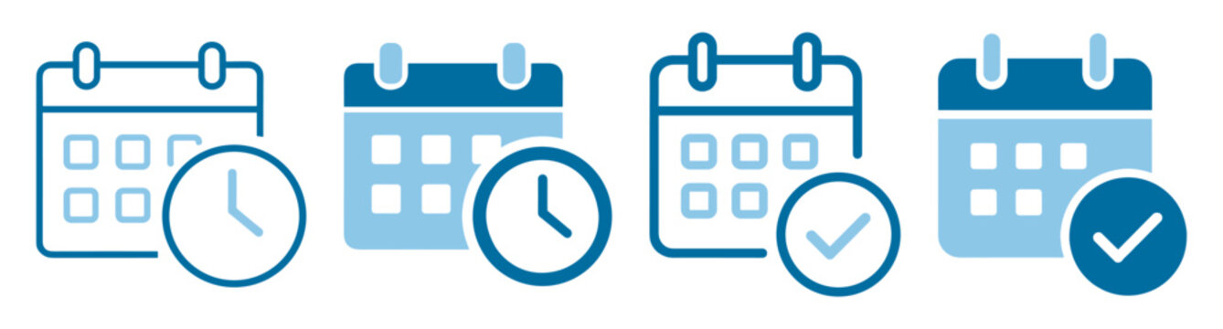 Calendar and clock icons with check marks for schedule and appointment concepts on transparent background