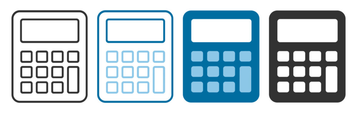 Calculator icons in line and outline style with blue and black colors on transparent background