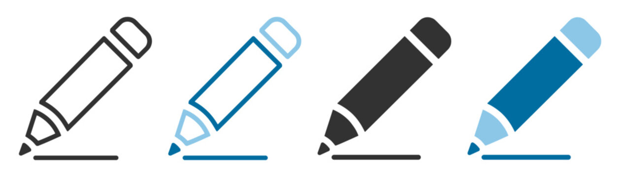 Set of pencil writing icons with varied styles and colors on transparent background