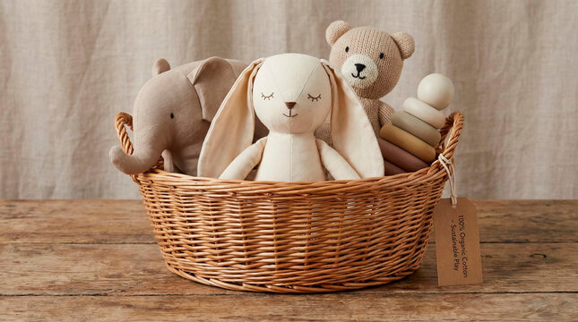 Soft plush toys bunny elephant bear in wicker basket on wooden table neutral aesthetic background for baby shop, nursery decor, baby shower content, parenting blogs, copy space