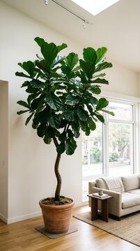 Very large fiddle leaf fig tree beside sofa in bright contemporary living room interior